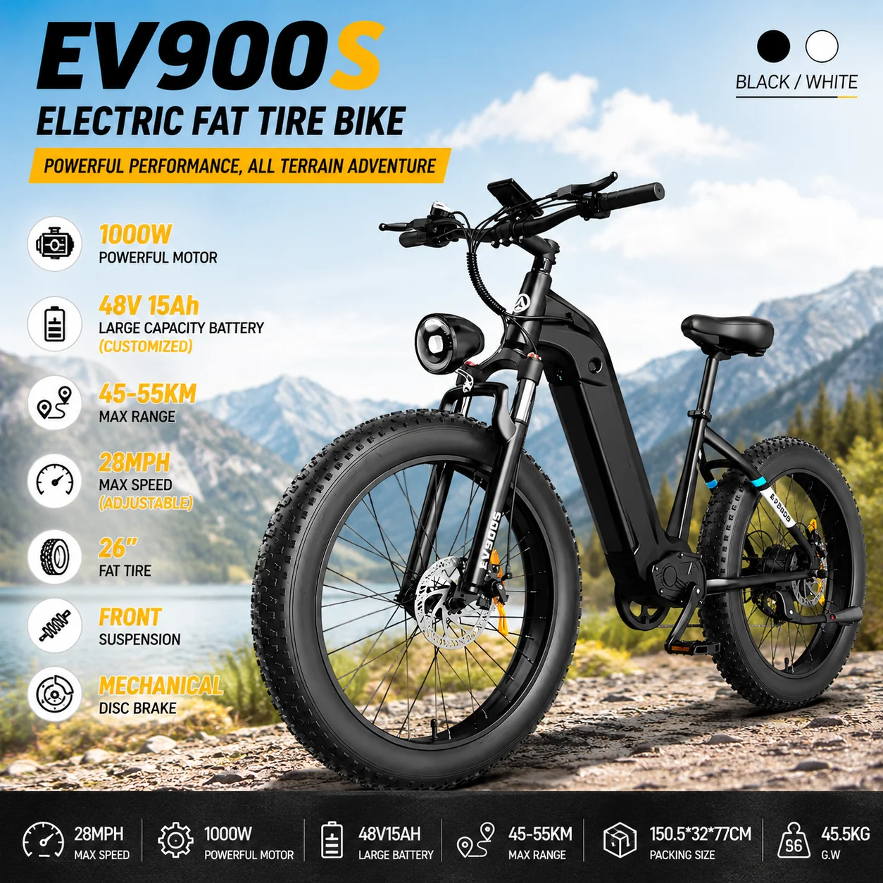 OBX EV900S E-Bike 1000W Electric Bike 48V 15Ah Battery 26” Fat Tire E-Bike 28MPH Adjustable Speed 55KM Range Front Suspension