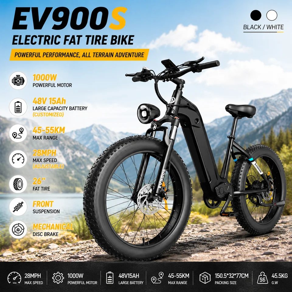 OBX EV900S E-Bike 1000W Electric Bike 48V 15Ah Battery 26” Fat Tire E-Bike 28MPH Adjustable Speed 55KM Range Front Suspension image 2
