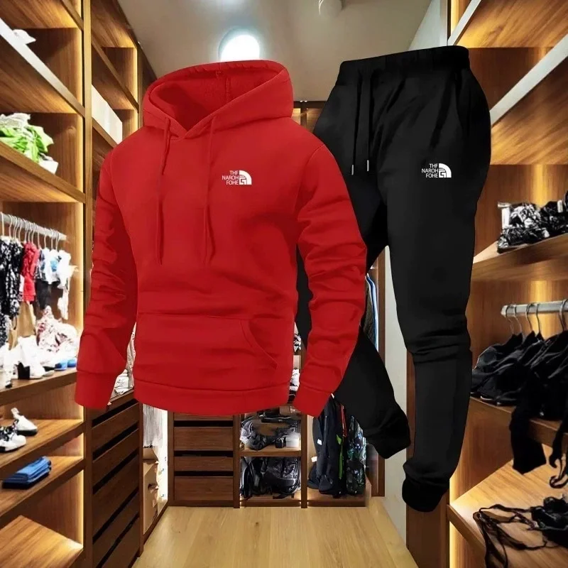 Men's Autumn Winter Pattern Hooded Sweatshirt Pants 2 Piece Set Casual Regular Fit Pockets Outdoor Sport Suit Tracksuit Hoodies