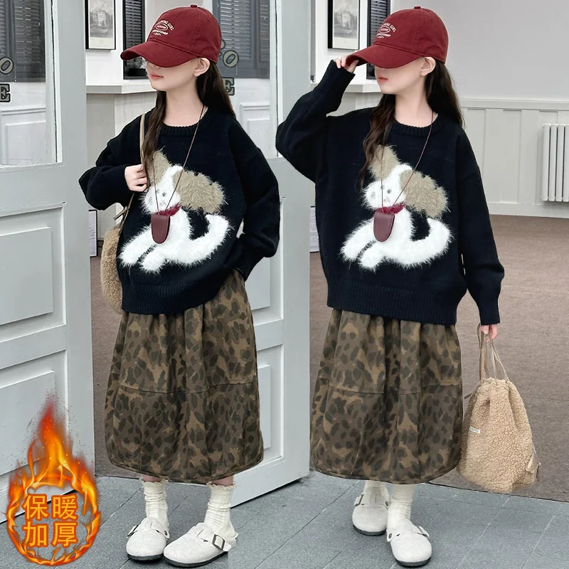 Autumn/Winter teen girls Casual black Plush cartoon dog sweater/Leopard long skirt junior kid clothes child Knitted pullover top