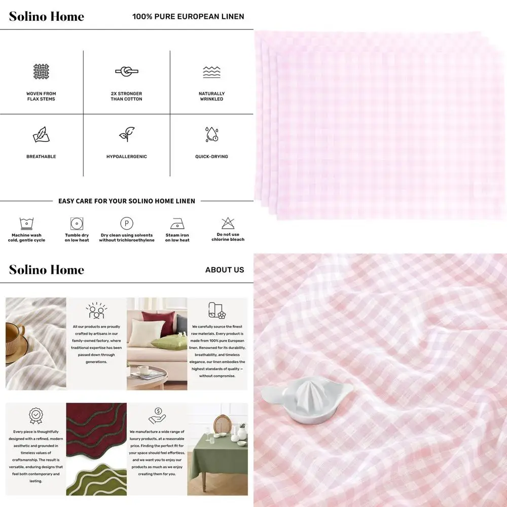 

Set of 4, 100% Linen Marshmallow Pink Gingham Placemats, 14x19 inches