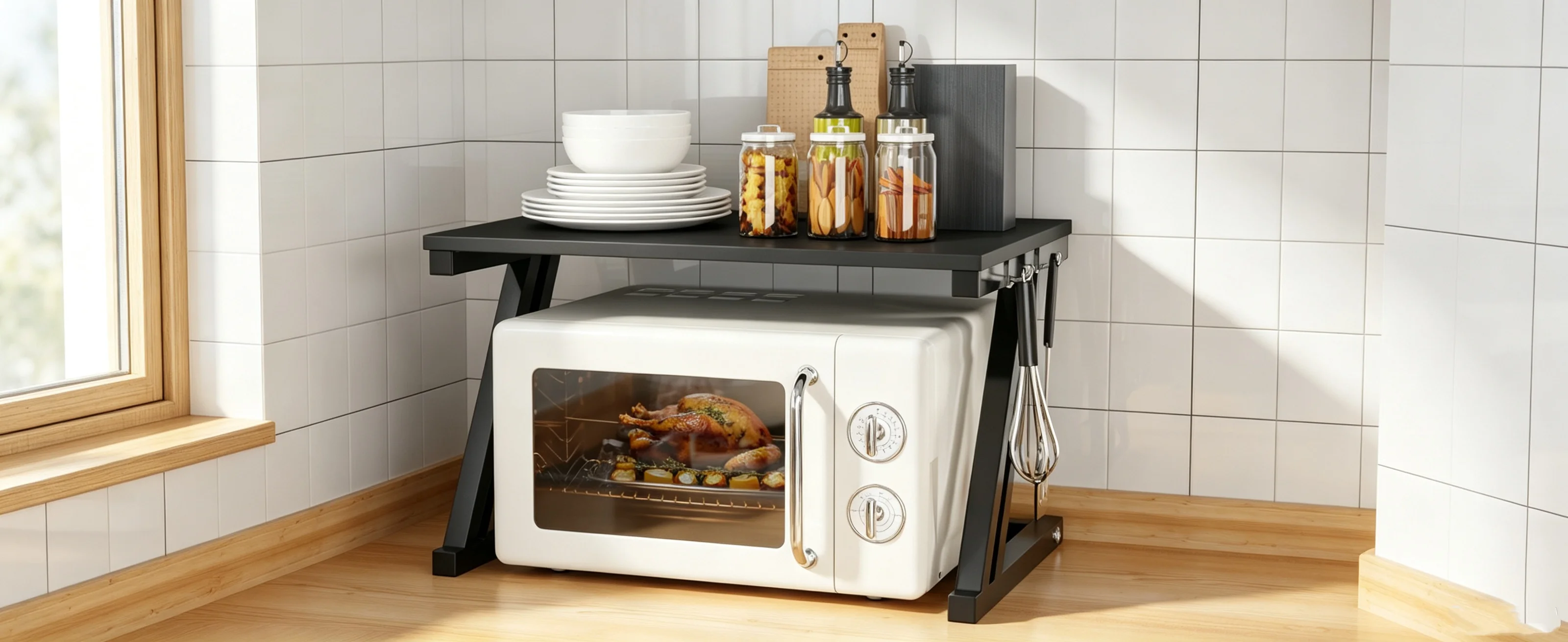 Mikrowellen-Aufbewahrungsregal mit Metallrahmen und Holzplatte, Mikrowellenständer im modernen Design, 5 Farben erhältlich – Detail 1