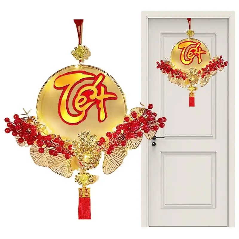 

Chinese New Year Door Wreath Door Wreath Hanger With Chinese Characters Decorative Door Sign With LED Lights Holiday Decorations