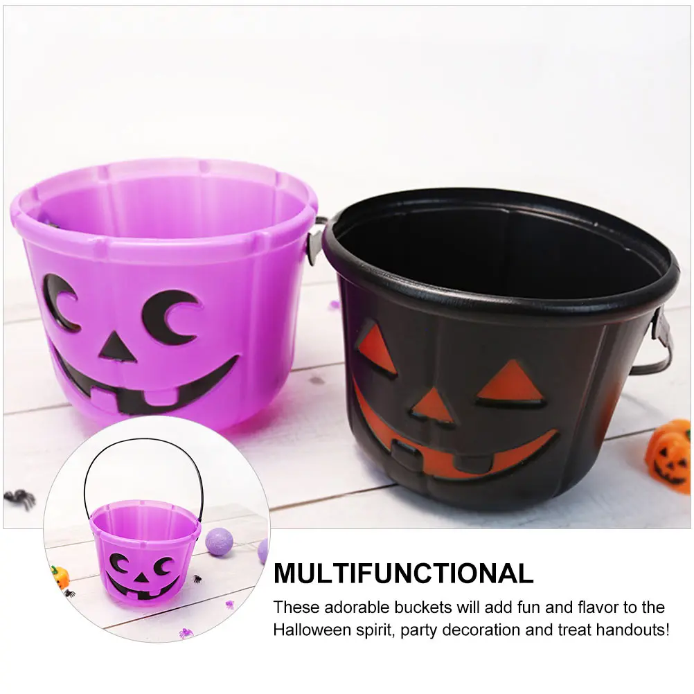 

2 Pcs Pumpkin Bucket Handle Candy Storage Container Decorations Children Jar Plastic Trick Treat Halloween
