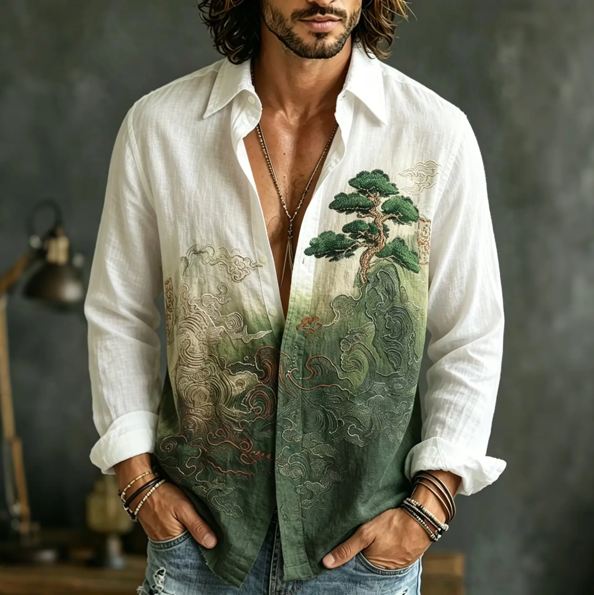 New Chinese Style Bamboo Splicing Men's Shirt Military Green Contrasting Color Lapel Long Sleeved Retro Casual Shirt