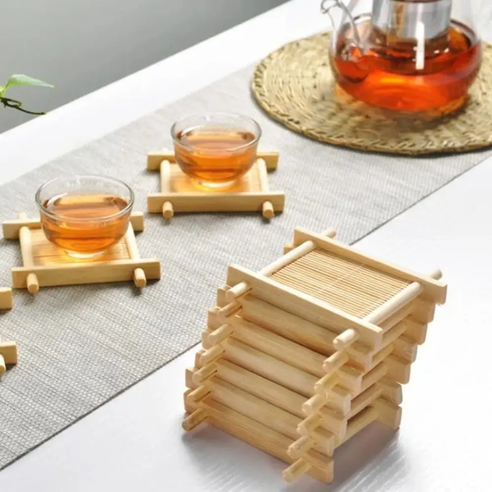 Durable Bamboo Teacup Pad Heat-resistant Square Heat Insulated Coasters Retro Dessert Pastry Tray