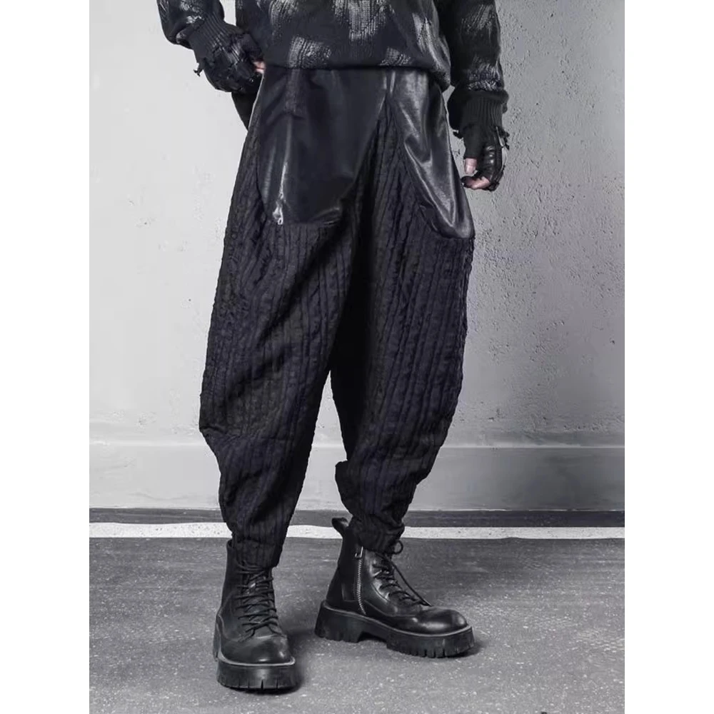 2025 الرجال سراويلي حريمي ركض بنطلون الصيف فضفاض كول السراويل السوداء المرقعة تصميم مرونة الخصر الشارع الشهير بانت