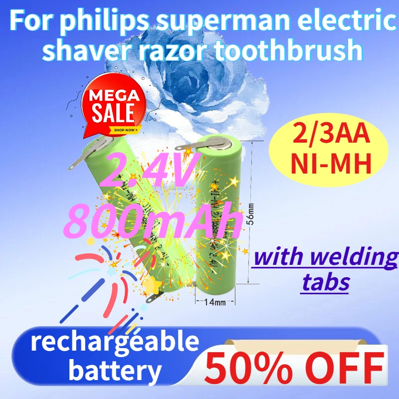 2.4V 800mAh 2/3AA NI-MH rechargeable battery cell with welding tabs for philips superman electric shaver razor toothbrush