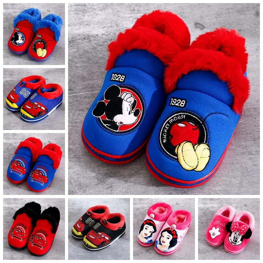 Disney Boys Girls Winter Cotton Slippers Baby Cartoon Minnie Mouse McQueen Cars Snow White Print Kid Indoor Anti-slip Home Shoes