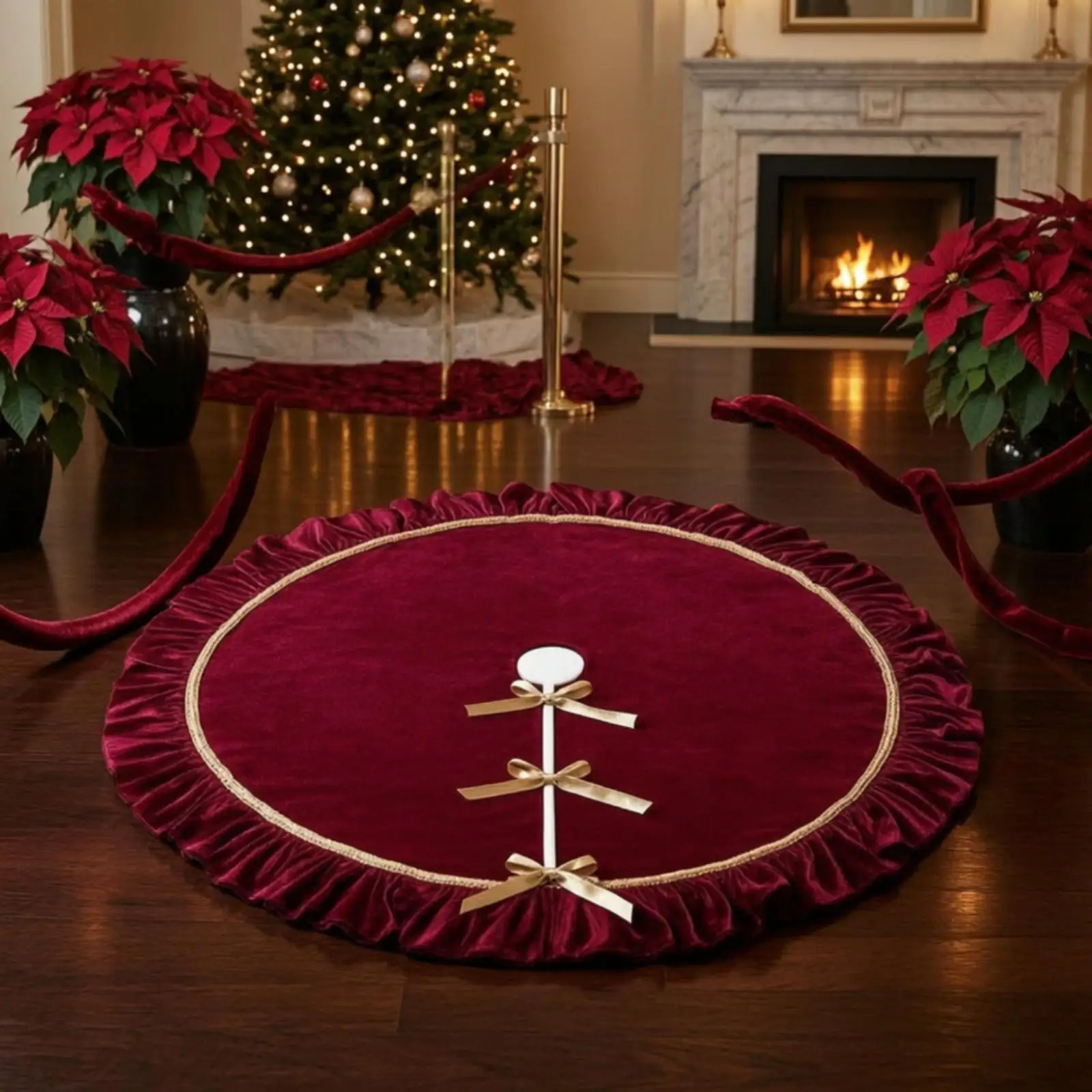 Christmas Tree Skirt with Gold Trim Velvet Christmas Tree Skirt Ruffled for Living Room, Hotel Foyer, Shop Display