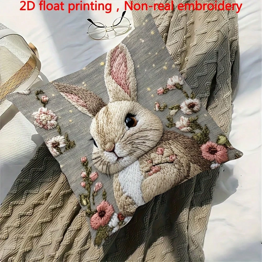 1pc Spring Easter Bunny Floral Pillow Cover Polyester 2D Double-Sided Print Home Decor Gift for Sofa Bedroom Living Room