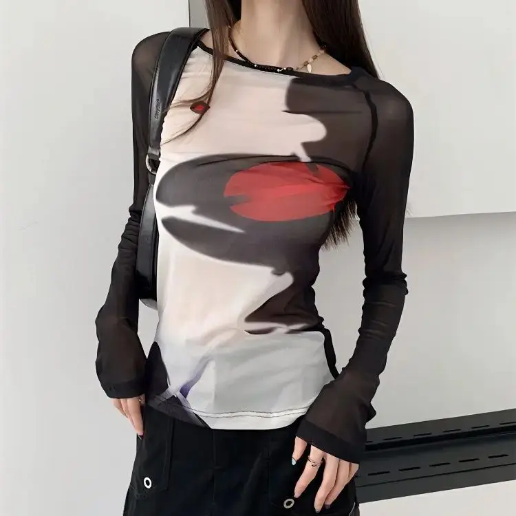 Camiseta de malla negra para mujer, Top transparente, ropa de calle con estampado elegante, ajustada, manga larga, Otoño, 2024