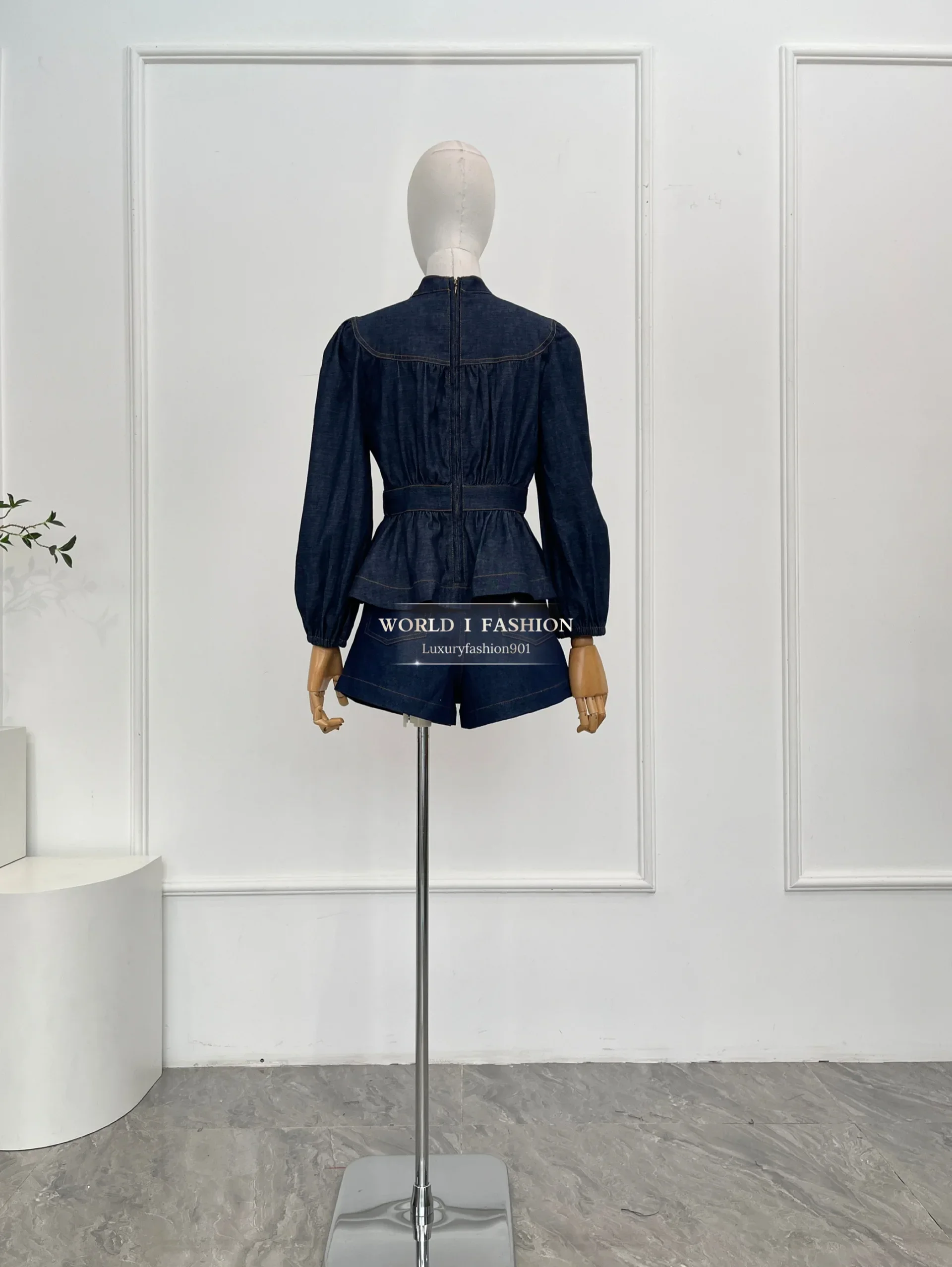 

Women Navy Long Sleeve Denim Deep V Neck Blouse Tops and Navy Blue Denim Pants Sets 2025 Cotton High Quality