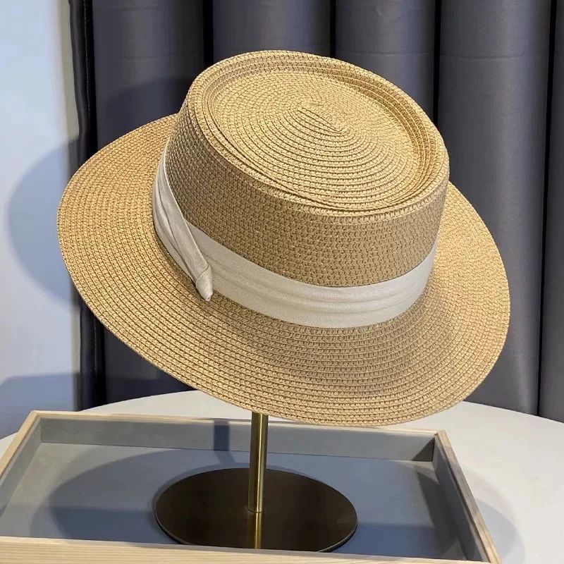 Beach Hat Japanese Everything Hairy Edge Straw Cap Female Summer Flat Top Outing Sun Hat Small Fresh Bow Sun Shade Beach Hat