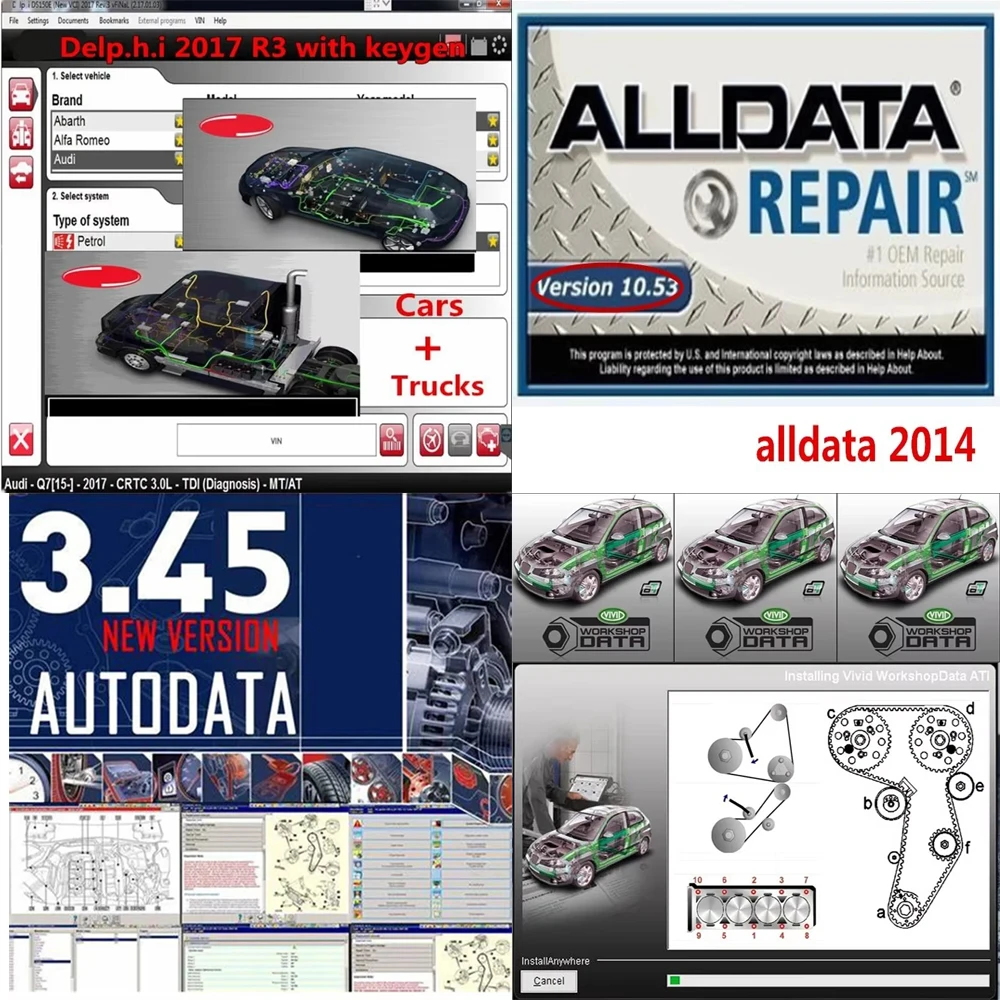 Newest alldata 10.53 software auto repair software tool+autodata 3.45+Vivid 2018+Delphiss 2017 R3  install video guide accesorio