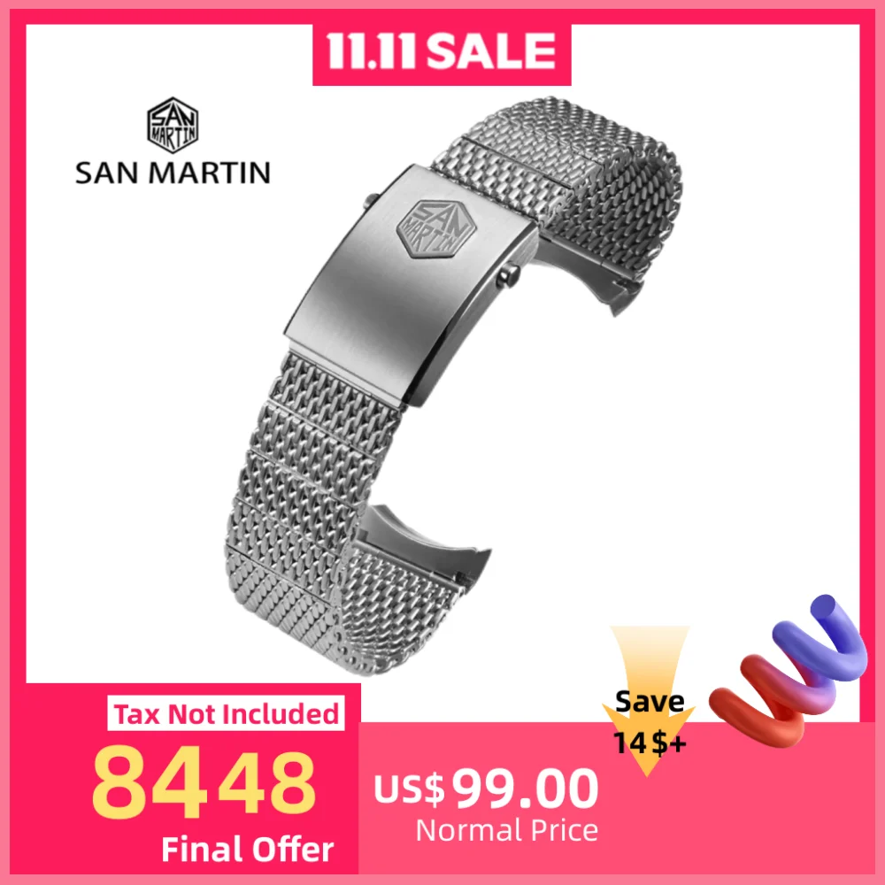 

San Martin Brushed Steel Mesh Milanese Bracelet For 20mm Lug Size Watch Fly Adjust Clasp Curved End Links For SN0008 SN0054