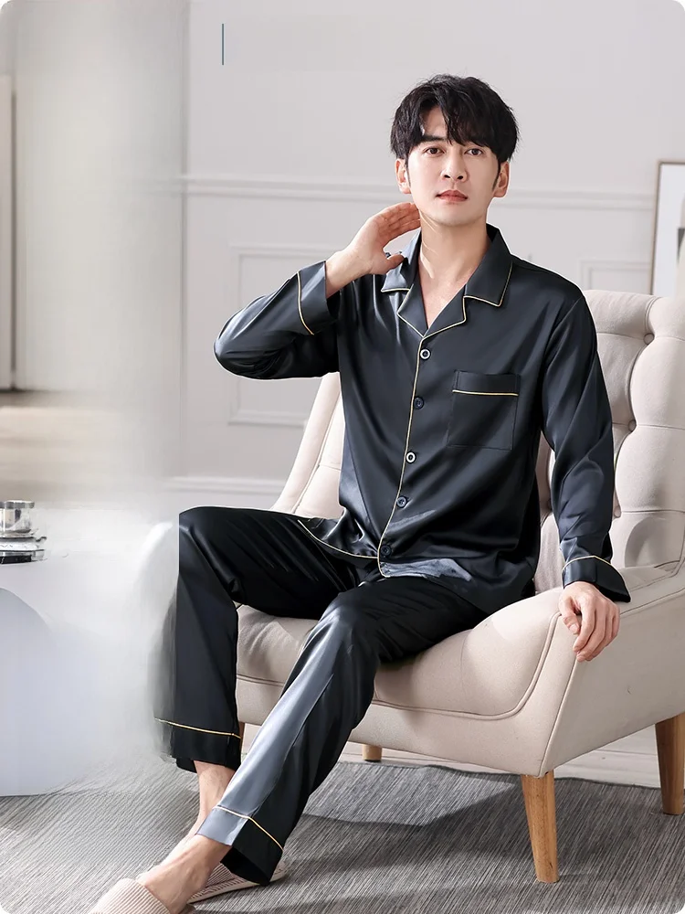 Plandoo Men's Sleepwear Long Sleeve Ice Silk Home Clothes Set Spring Summer New Style Simple Style Polyester Fiber Home Use