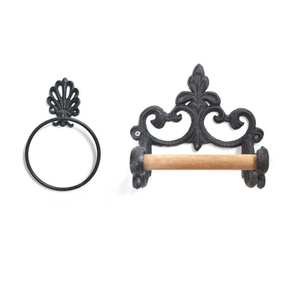 

Black Toilet Roll Holder Towel Holder Set Bathroom Cast Iron Towel Ring Toilet Roll Holder Wall Mounted Vintage Design