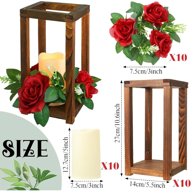 10 Set 30 Pcs Wooden Wedding Lantern Centerpiece Integrated Candle Holders with Candles and Candle Wreaths Rustic Wooden