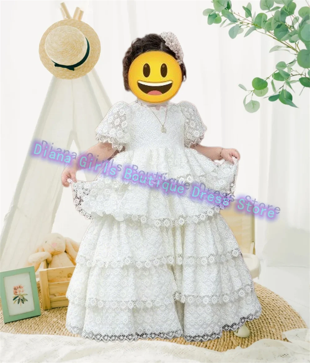 

Gorgeous Quality White Lace Fluffy With Satin Fluffy Flower Girl Dress Little Princess Baptism Wedding Birthday Party Ball Gowns