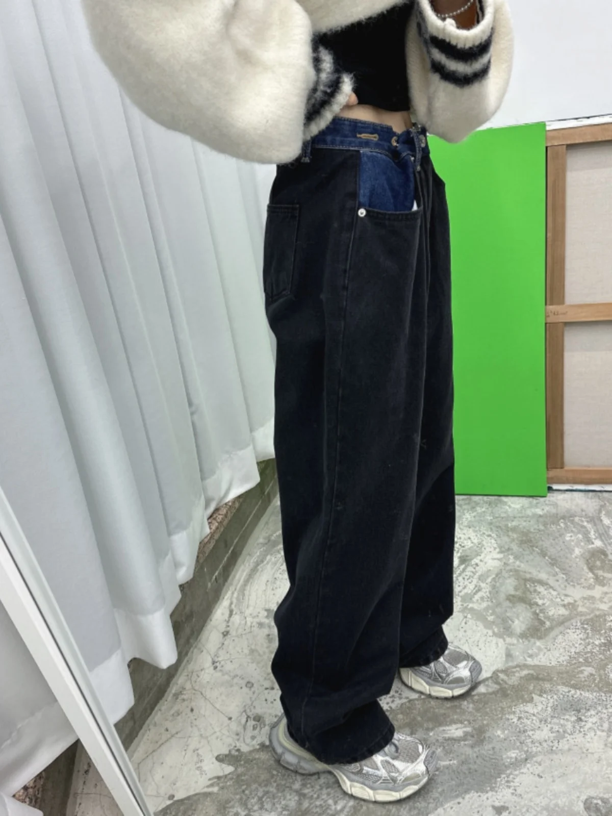 

Джинсы в стиле пэчворк с высокой талией, женские винтажные джинсы с завязкой на талии, прямые брюки для похудения, модные свободные брюки