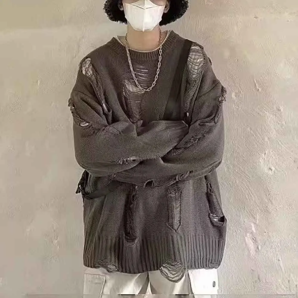 

Winter New Men's Ripped Long-Sleeve Sweater American Retro Fashion Trendy Street Hip Hop Loose Casual Niche Men's Top 2025