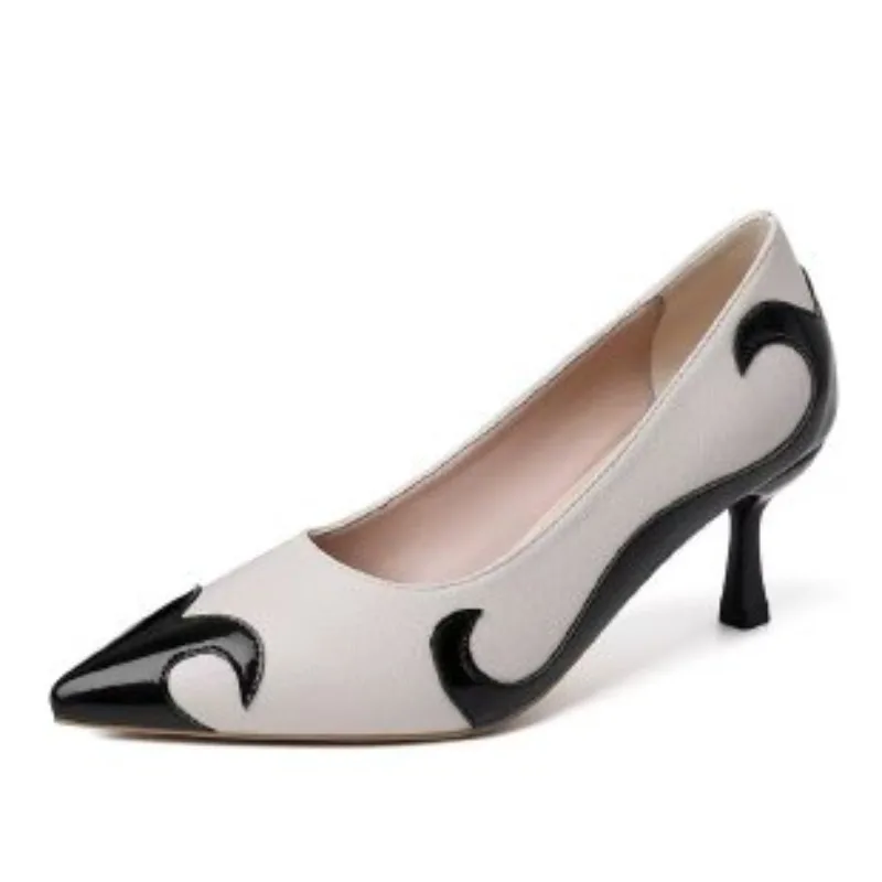 Ladies Pointed Toe Stiletto Heel Pumps Beige Black Contrast Color Wave Pattern Slip‑on Elegant Office Party Dress Footwear
