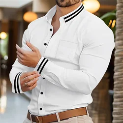 Men's button up shirt, black and white solid color, long sleeved striped cuffs, lapel collar, daily vacation pocket, fashionable