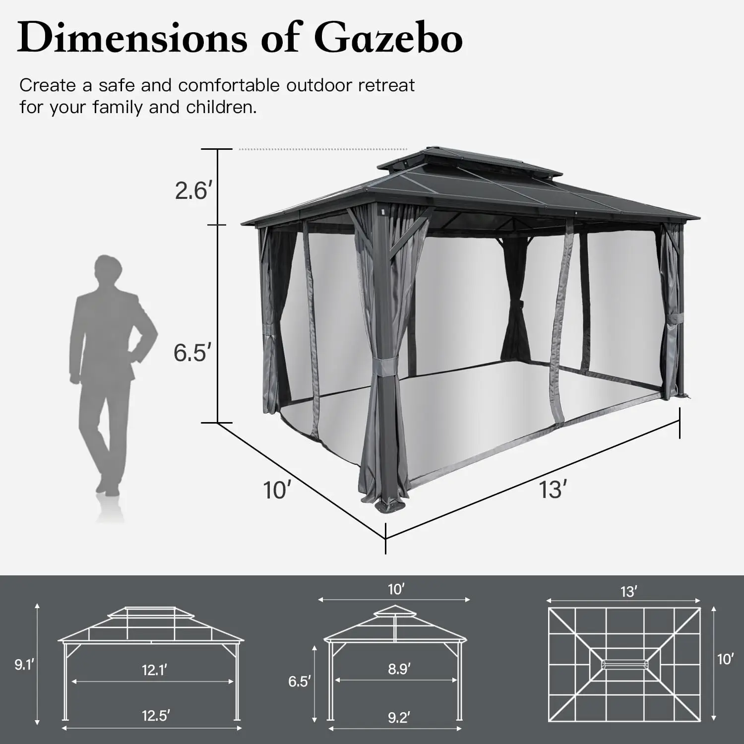10'x13' Hardtop Gazebo Polycarbonate Double Roof with Netting & Curtain for Patio Backyard Garden, Customized