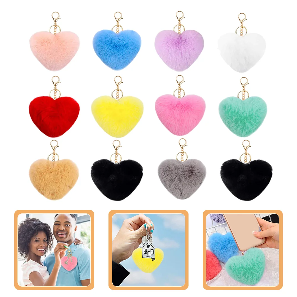 12 Pcs Fur Ball Keychain Cute Keychains for Backpacks Puff Pendant Ring Pompom Fob Plush Car