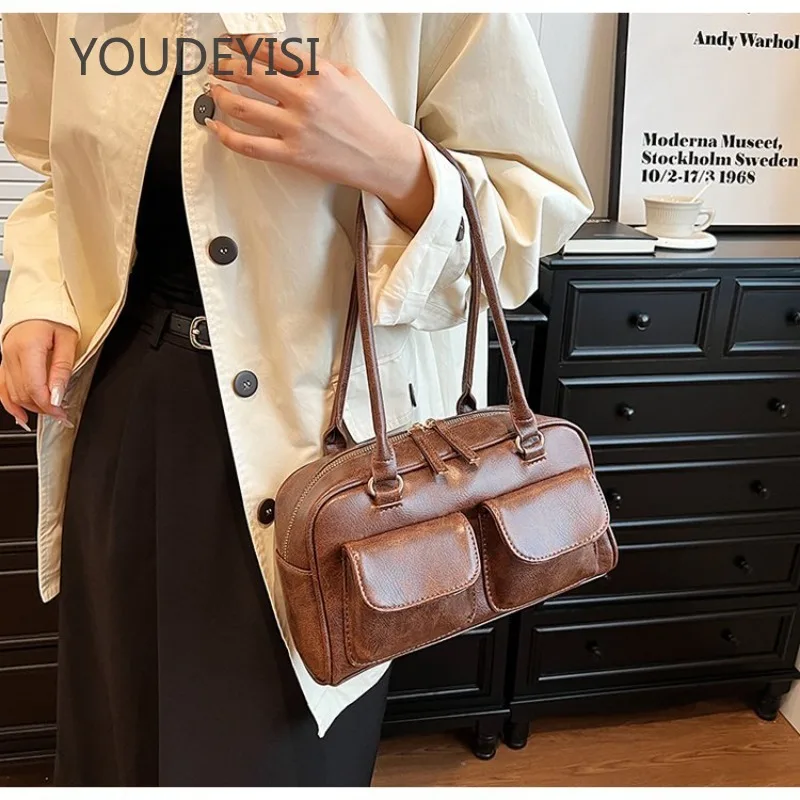 YOUDEYISI коричневая сумка в стиле ретро, женская сумка с двойным карманом, новинка 2024, универсальная сумка на одно плечо, подмышки