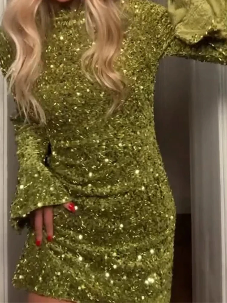 Robe verte ample à manches longues, décontractée, élégante, taille haute, couleur unie, Mini robe à paillettes brillantes, robe de soirée en boîte de nuit, 2026