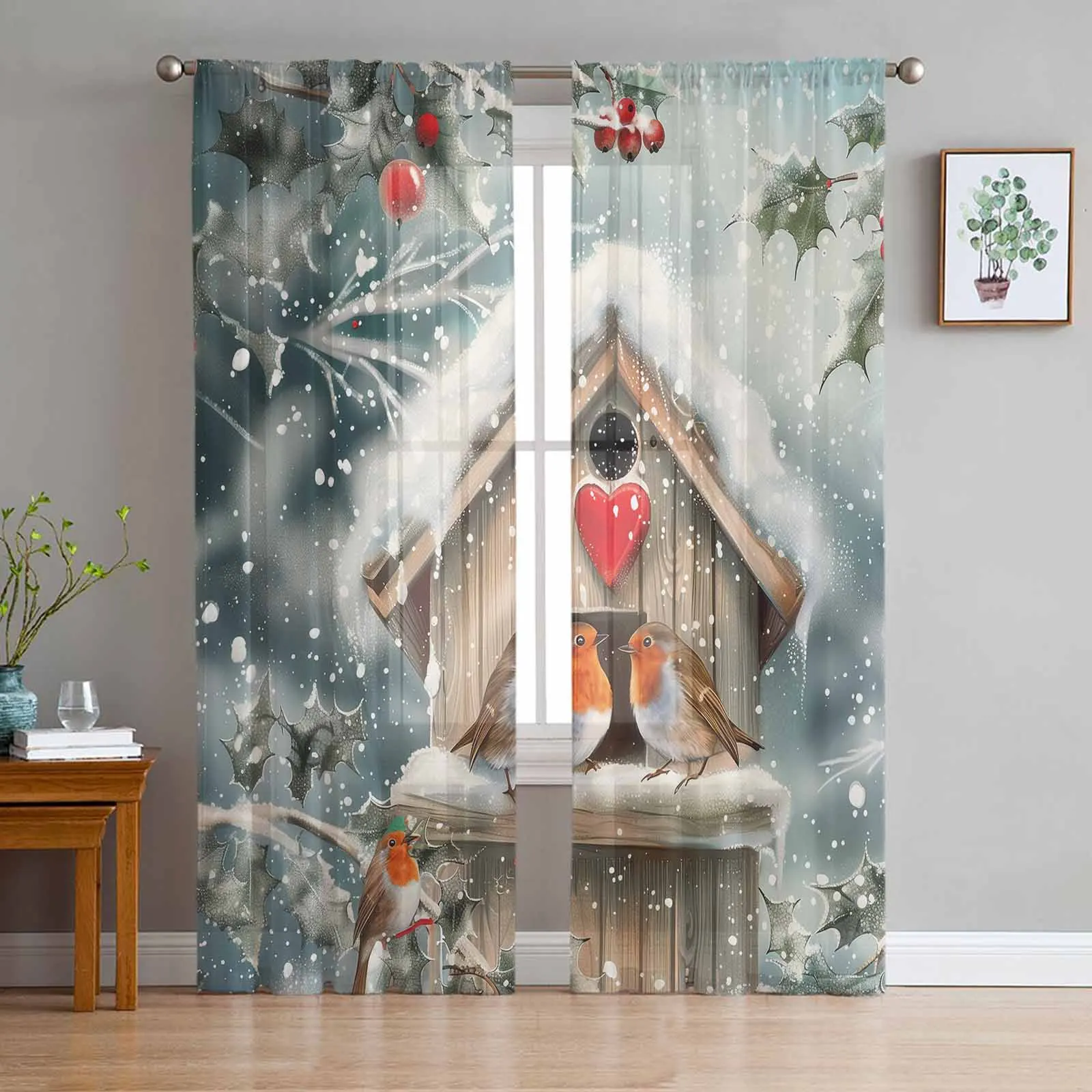 

Winter Christmas Mockingbird Snowflake Tulle Curtains for Living Room Bedroom Sheer Voile Drapes Modern Printed Curtains