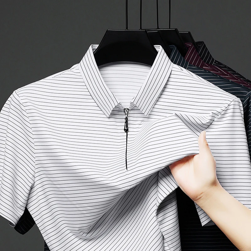 New Arrival Men No Trace Zipper Tops 2025 Summer Fashion Stripes Business Polos Short Sleeve Male Anti- Wrinkle Smooth Shirts