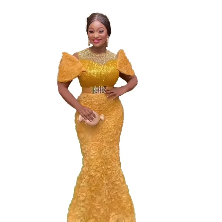 New african dresses for woman Mesh 3D embroidery Africa dress rhinestone sequin belt elegant evening dresses for women luxury