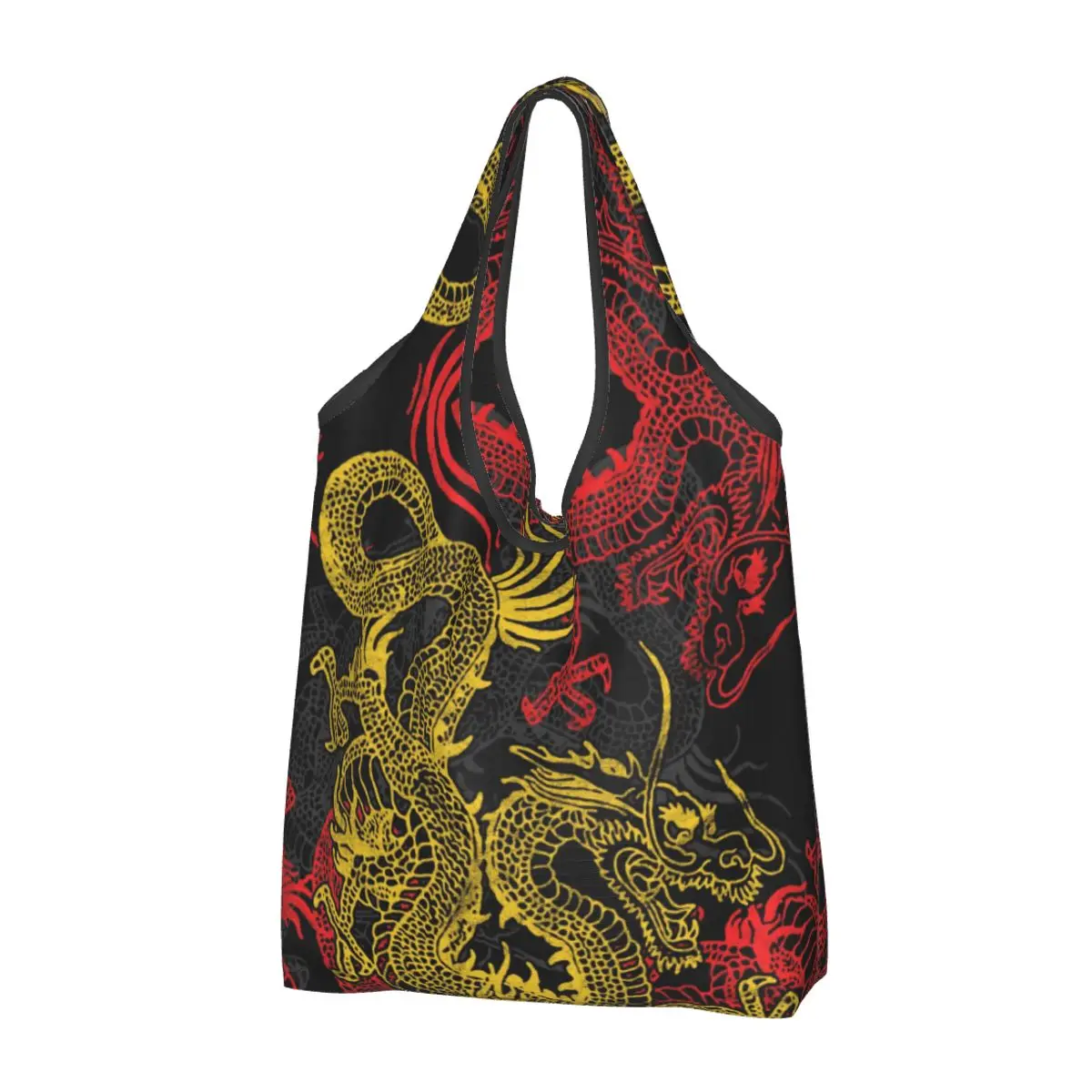 Funny Golden Chinese Dragon Pattern Shopping Tote Bags Portable Asian Folklore Mythology Groceries Shoulder Shopper Bag