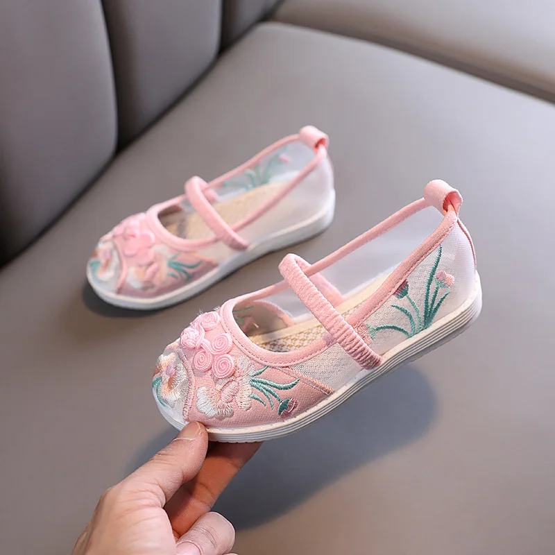 

Summer Girls Hanfu Shoes Pink Princess Old Beijing Flowers Embroidered Breathable Mesh Cloth Shoes Dancing Vintage Chinese Style