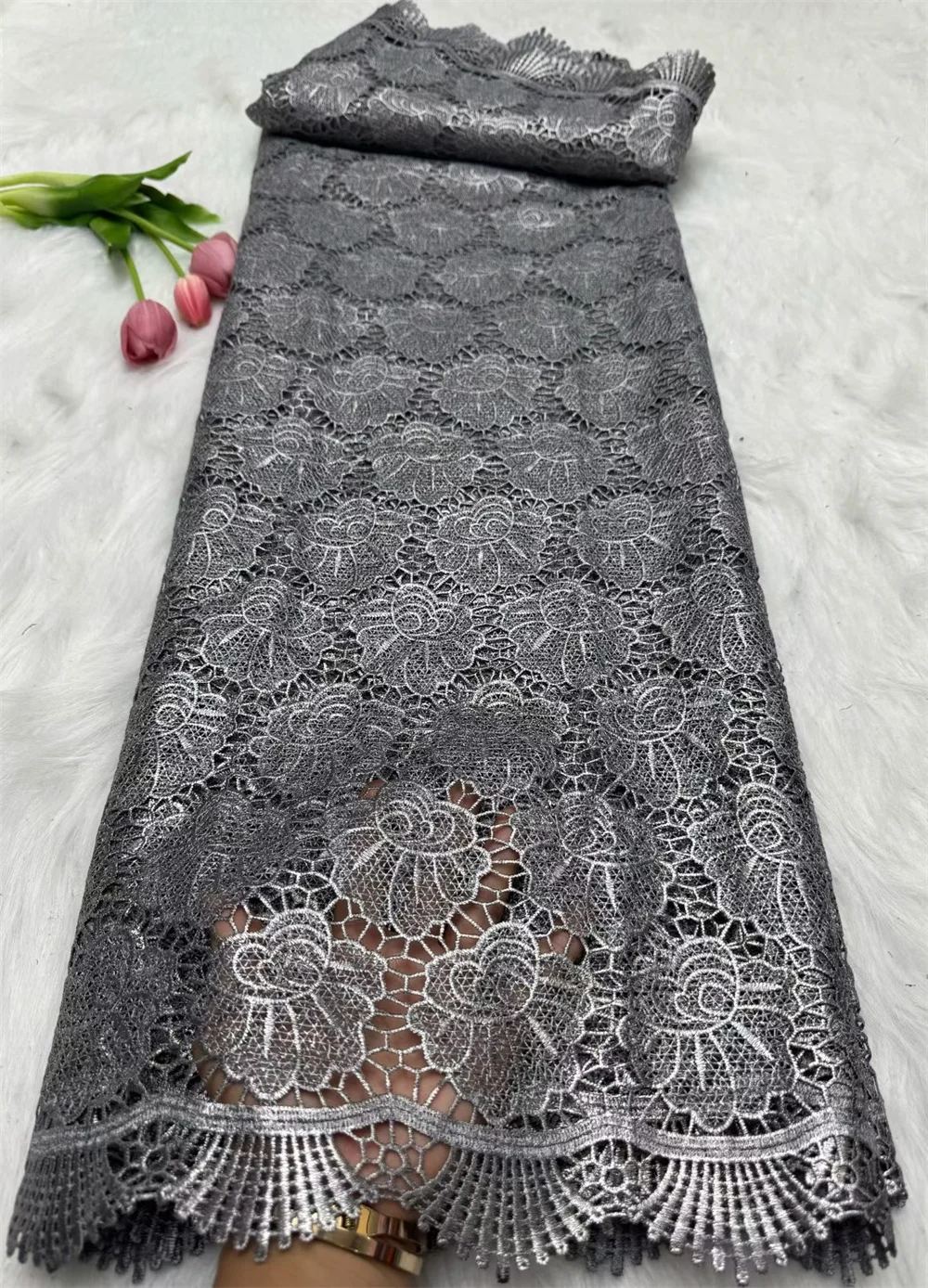 5 ярдов, нигерийский высококачественный оранжевый гипюровый шнур, кружевная ткань, африканская сетка, молочная шелковая вышивка для платьев Hm44-1