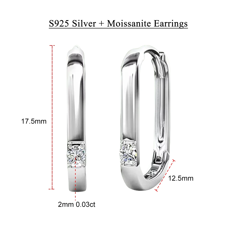 2mm Moissanite Diamond Hoop Earrings Pure 925 Sterling Silver High Quality U-shape Hoops Ear Buckles for Women Trendy Jewelry