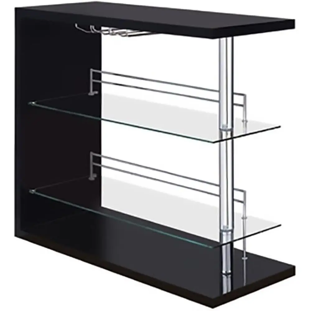 

Modern 2-Tier Pub Table with Wine Storage, Glossy Black Finish, Glass Shelves, Compact, Stemware Holder, Ideal for Bar or Dining