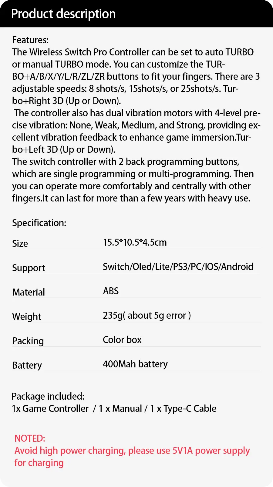 Wireless Switch Controller Compatible with Switch/Lite/OLED Remote Supports Multi-Platform with Turbo, Wake-up Function