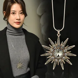 Sun Flower Crystal Necklaces & Pendants Fashion Metal Sweater Chain Necklace Long Collier Femme Jewelry Women Accessories