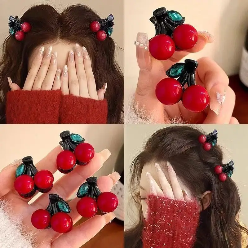 4 Presilhas de Cabelo Pequenas com Contas Vermelhas e Cerejas para Meninas, Mini Presilhas Laterais Doces para Franja, Presilhas Versáteis para Cabelos Soltos, Acessório de Cabelo