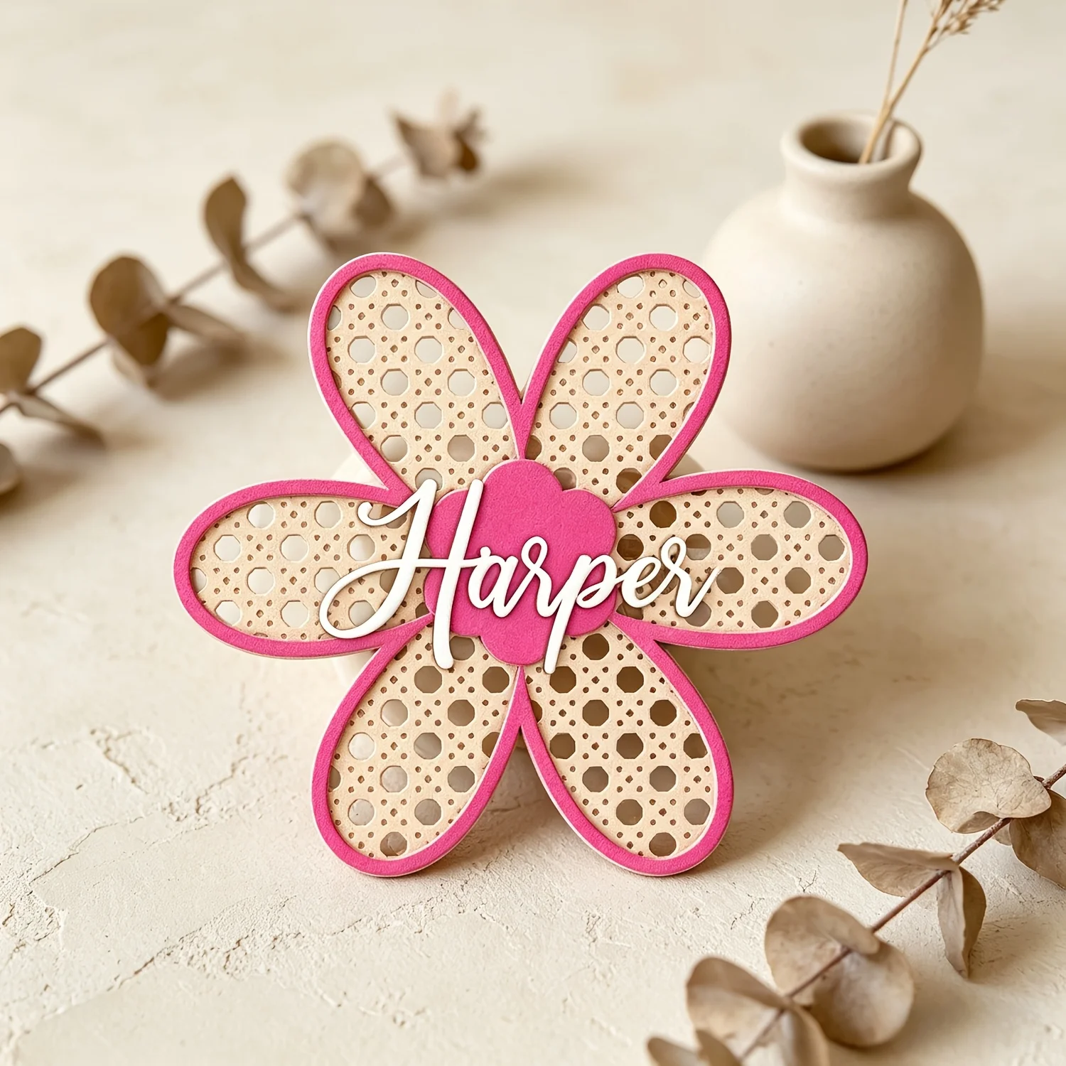 Personalized Boho Rattan Flower Name Sign, Customizable Pink Door Plaque, Nursery Bedroom Decor, Lovely Keepsake - view 4