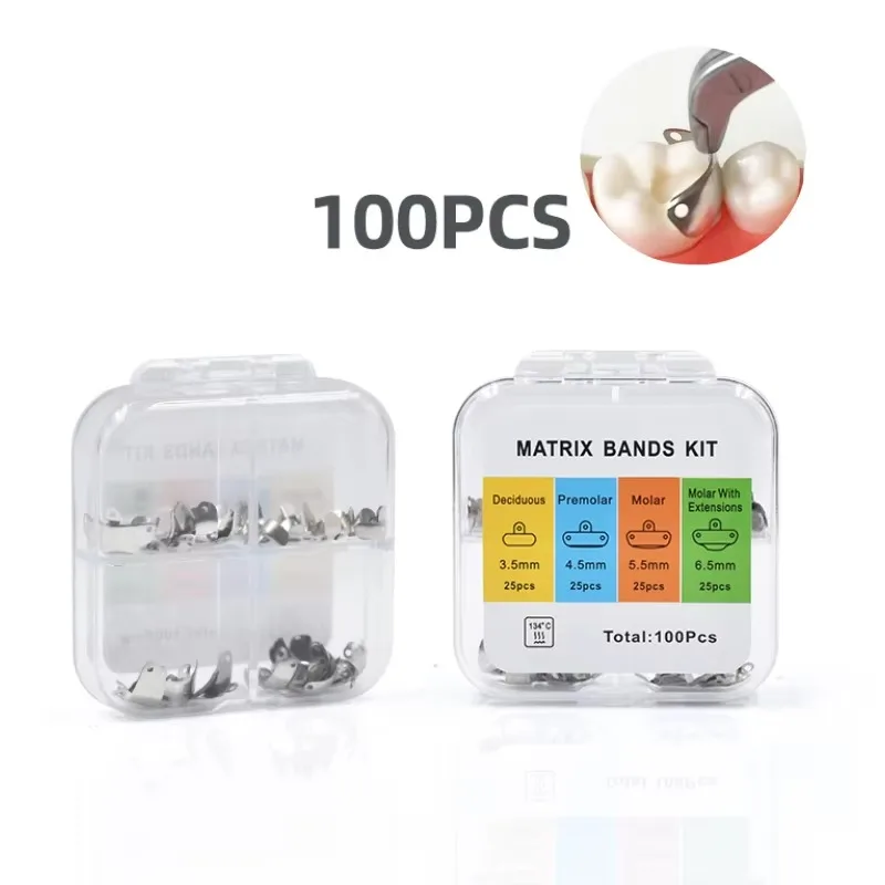 

100pcs/box Dental Metal Matrix Bands Kit 3.5-6.5mm Stainless Steel Matrix Bands Autoclavablel Teeth Restoration Tools