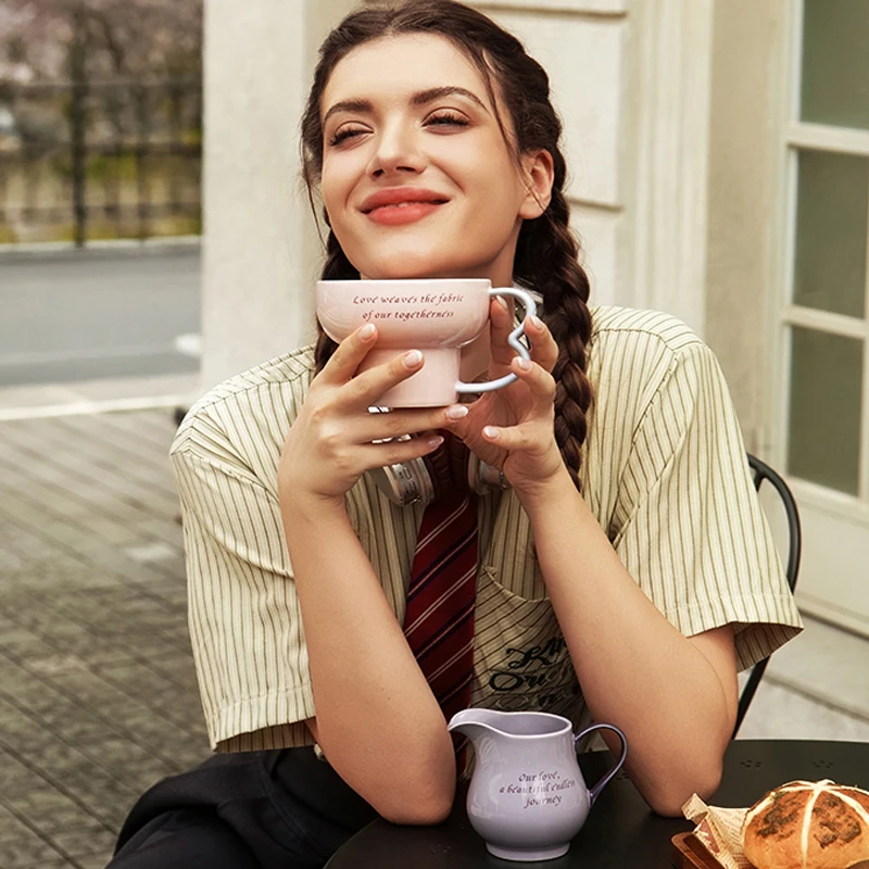 SOLECASA Coffee Mugs Set Multiple Capacities (220-450ml) Pink Ceramic Cups with Lids Creative Tea Cups Office Coffee Freedom