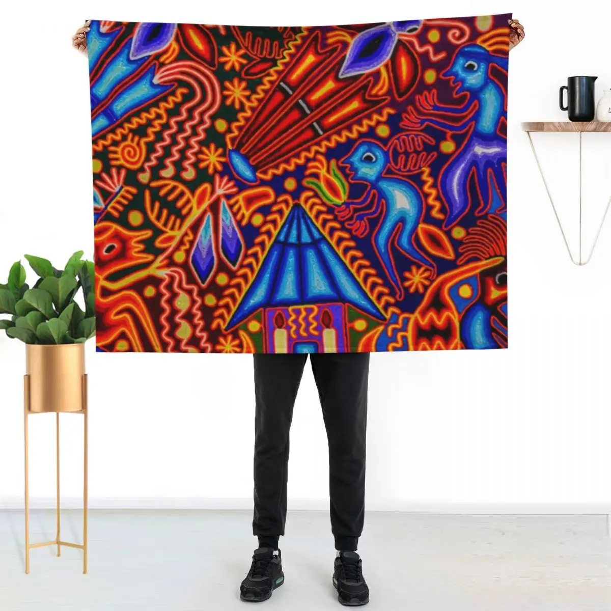 

Huichol textile Throw Blanket Stylish Decor Blanket Gift for Friends Roommate