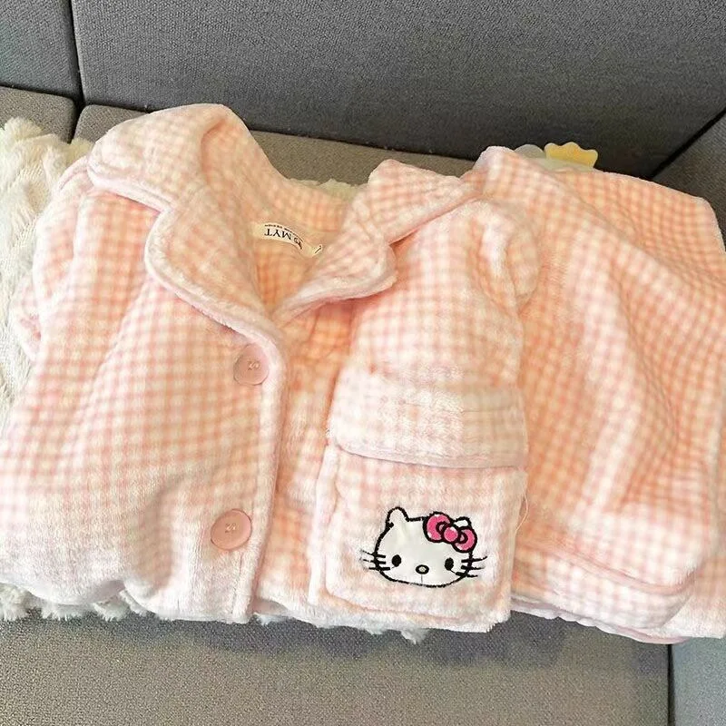 Hello Kitty Coral Velvet Pajamas Women\'s Autumn and Winter Long Sleeves with Thick Velvet Cartoon Cute Home Clothes Winter Set