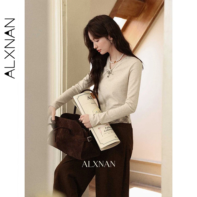 ALXNAN T-shirt a maniche lunghe con farina d'avena Donna Autunno Chic Bottone con scollo a V Cuciture scozzesi Slim-fit Tees 2025 Casual Top Donna L57502