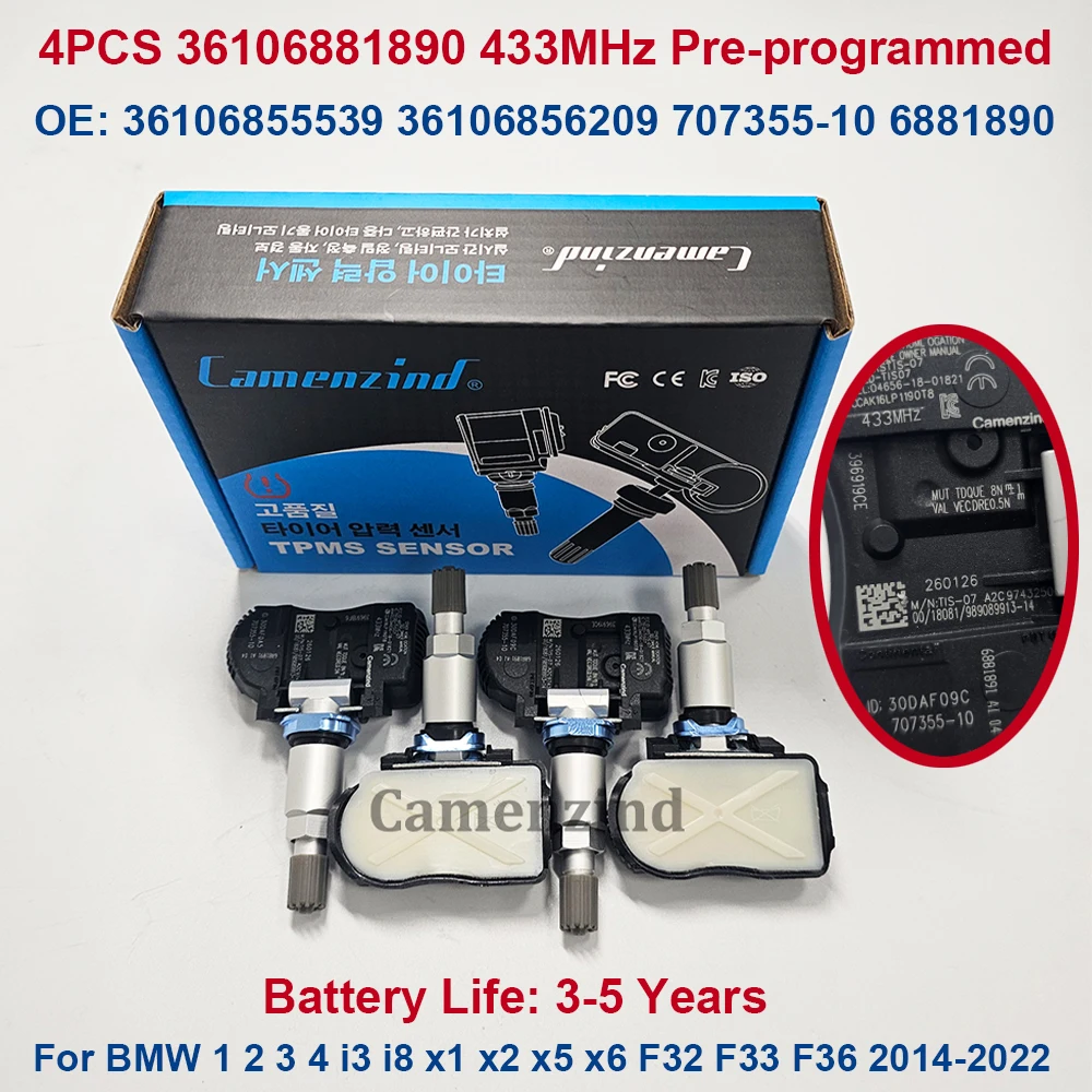 

4 шт. датчик давления в шинах TPMS 6881890 6855539 36106881890 36106856209 36106855539 для BMW F20 F30 F32 F33 F36 X2 X5 2014-2022 гг.